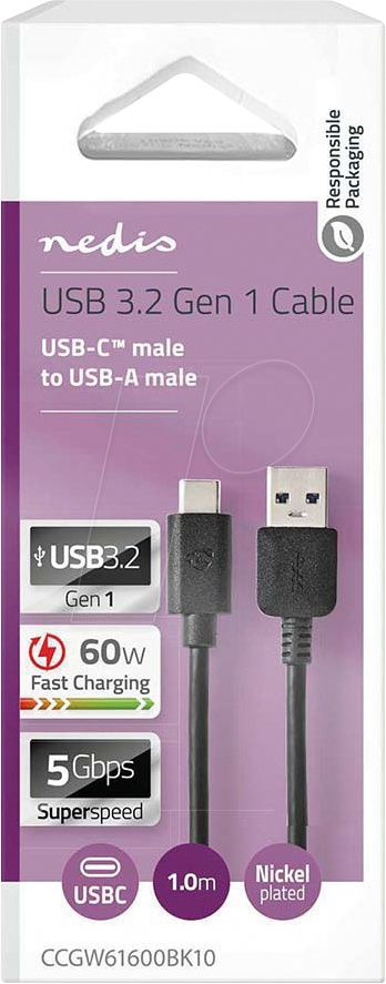 NEDIS CCGW61600BK10 USB-A-USB-C-kaapeli, musta, 1 metri