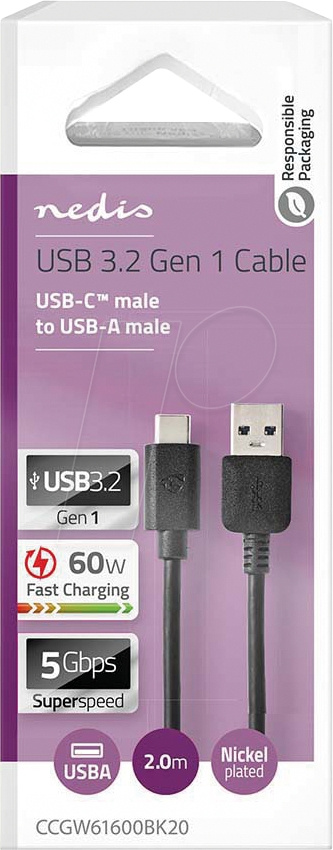 NEDIS CCGW61600BK20 USB-A-USB-C-kaapeli, musta, 2 metriä