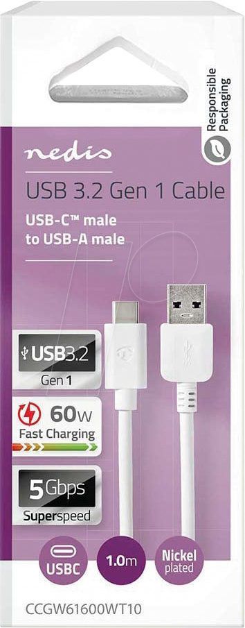 NEDIS CCGW61600WT10 USB-A-USB-C-kaapeli, valkoinen, 1 metri