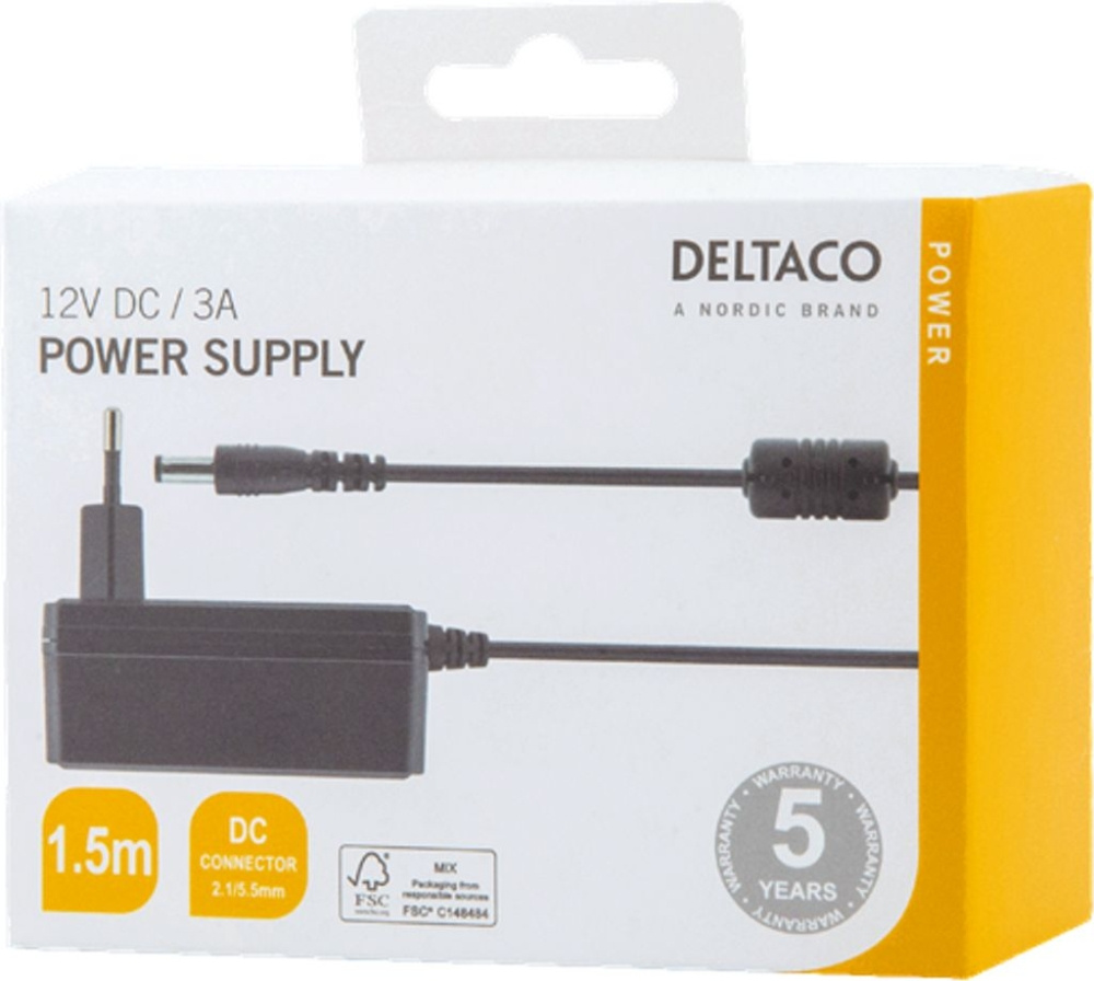 Deltaco PS12-30B virtalähde 12 V DC/3 A, musta