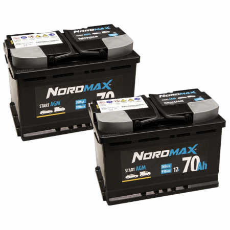 Akkupaketti, 2 kpl Nordmax AGM-akku, 70Ah / 12V ryhmässä Autohifi / Tarvikkeet / Akut @ BRL Electronics (SETNORDMAX70X2)