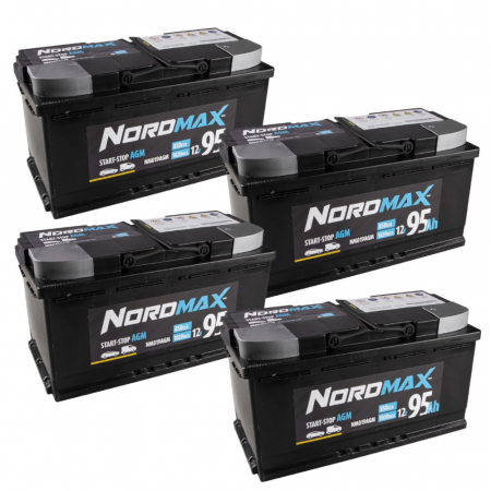 Akkupaketti, 4 kpl Nordmax AGM-akku, 95Ah / 12V ryhmässä Autohifi / Tarvikkeet / Akut @ BRL Electronics (SETNORDMAX95X4)