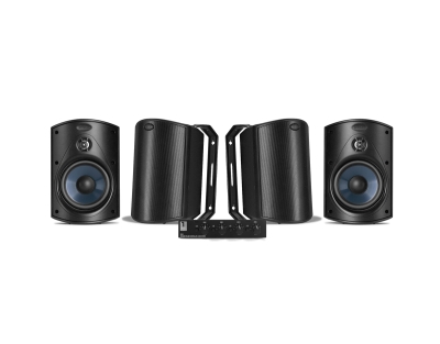System One SC4B kaiutinvaihdin & 2 par Polk Audio Atrium 4 Mustia Ulkokaiuttimia