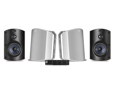 System One SC4B kaiutinvaihdin & 2 paria Polk Audio Atrium 6 Valkoisia Ulkokaiuttimia