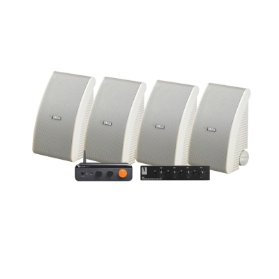 4-pack Yamaha NS-AW392 valkoisena Fosi Audio BT20A Maxin ja kaiutinkytkimen kanssa, ulkopaketti