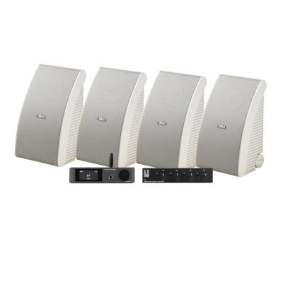 4-pack Yamaha NS-AW592 valkoisena Dynavoice CA802BT:n ja SC4B:n kanssa, ulkopaketti