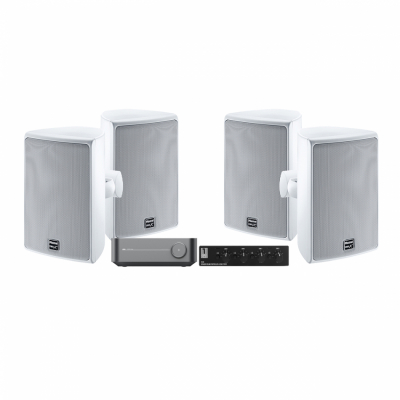 WiiM Amp kahdella parilla valkoista Magnat Symbol X 160 & SC4B kaiutinkytkin