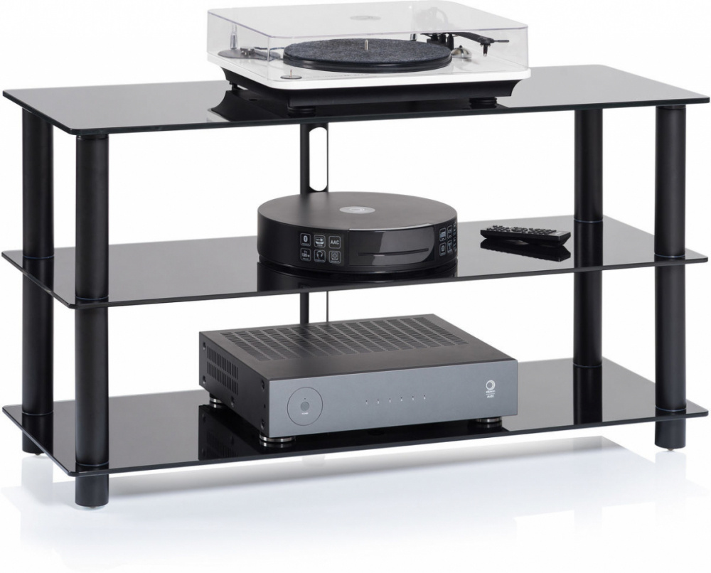 Norstone Epur 3, stilfull mediabänk med svarta hyllplan