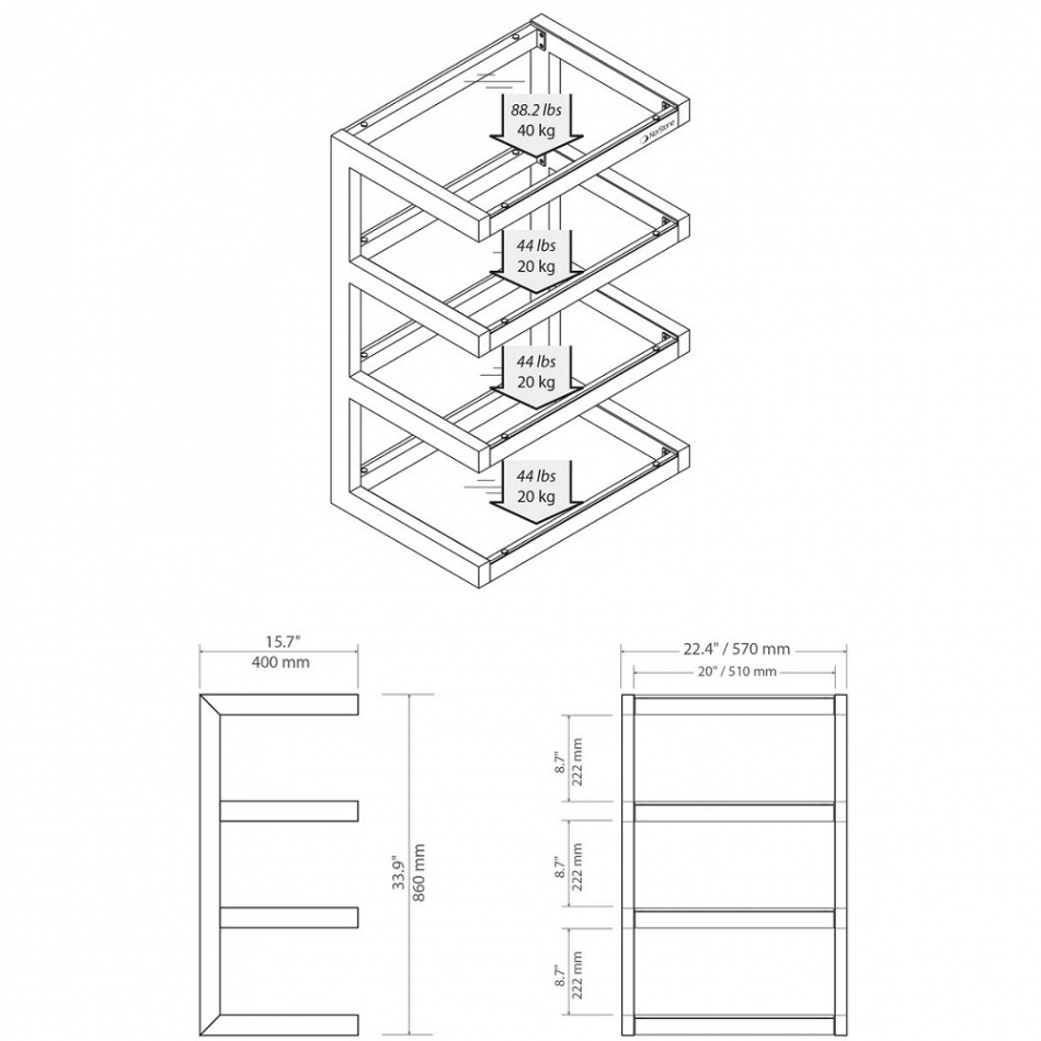 Norstone Esse Hifi, mattamusta stereopenkki mustilla hyllyillä