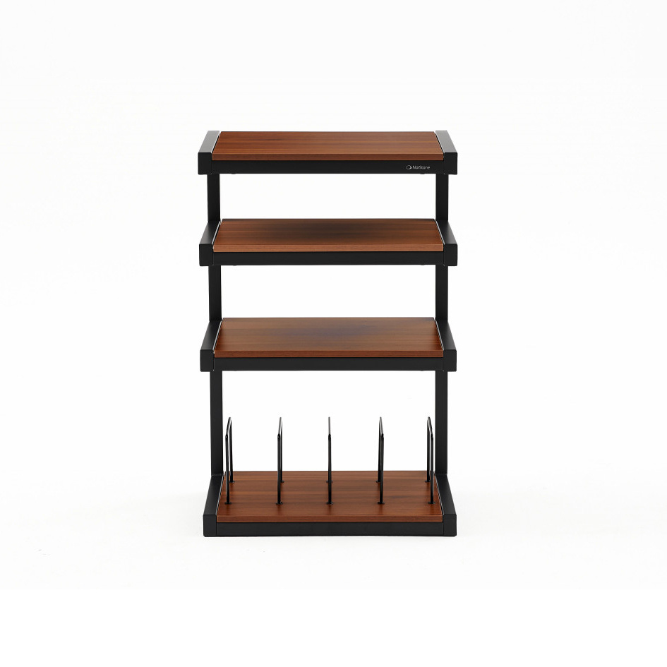 Norstone Esse Hifi Vinyl, mattamusta pähkinähyllyillä ja vinyylitaskuilla