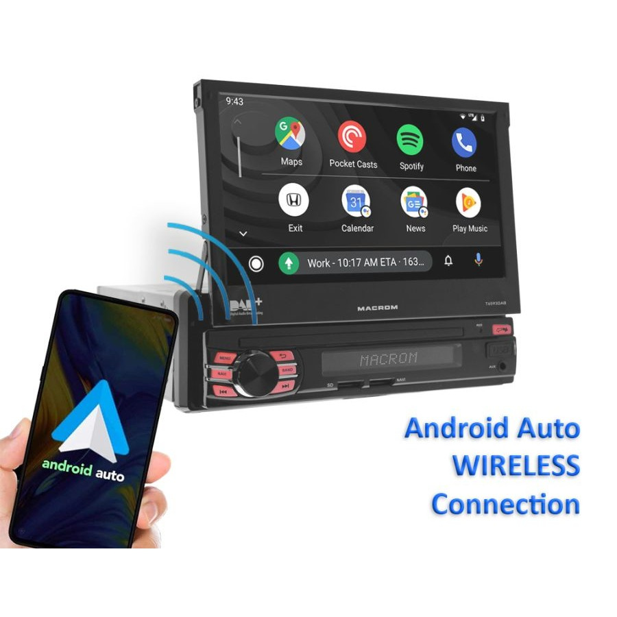 Macrom T6593DAB autostereo, jossa on moottoroitu näyttö, Android 13 & enemmän