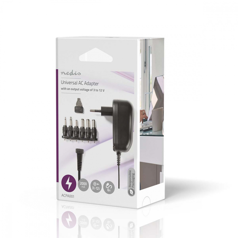 Nedis universal nätadapter, 6 st. kontaktstycken, 3-12V DC / 2.0A