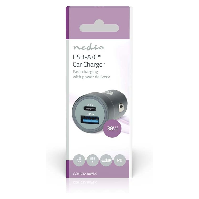 Nedisin autolaturi 38W, jossa on 2 lähtöä, USB-C PD ja USB-A Quick Charge