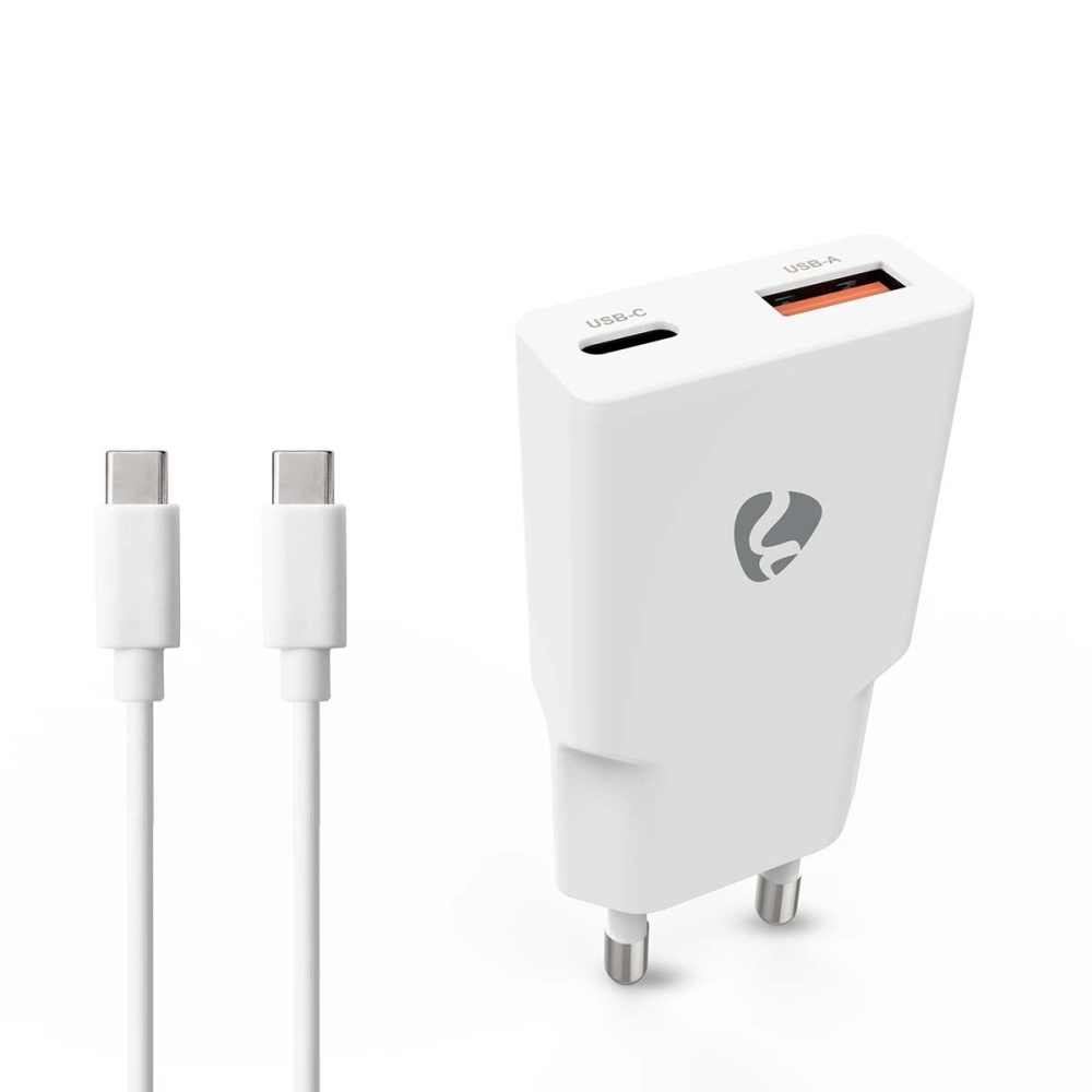 Nedis-seinälaturi USB-C-kaapelilla 20 W 1x USB-C 1x USB-A, valkoinen