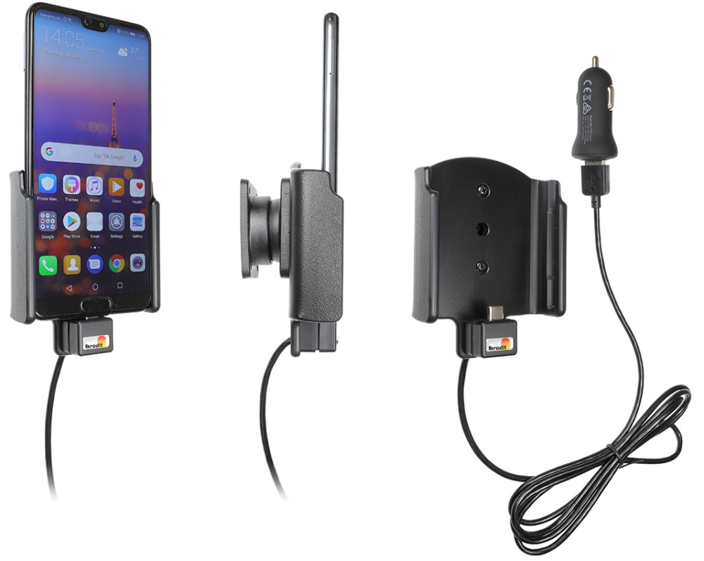 Brodit Aktiv-teline USB-kaapelilla ja tupakansytyttimen adapterilla, Huawei P20 