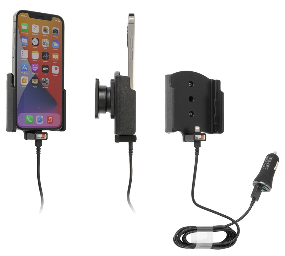 Brodit aktiivinen pidike USB-kaapelilla ja tupakansytyttimen adapterilla, Apple iPhone 12/12 Pro