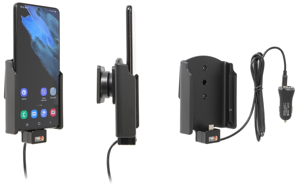Brodit Aktiivinen pidike USB-kaapelilla ja tupakansytyttimen adapterilla, Samsung Galaxy S21+ 5G SM-G996B/SM-G996B/DS 