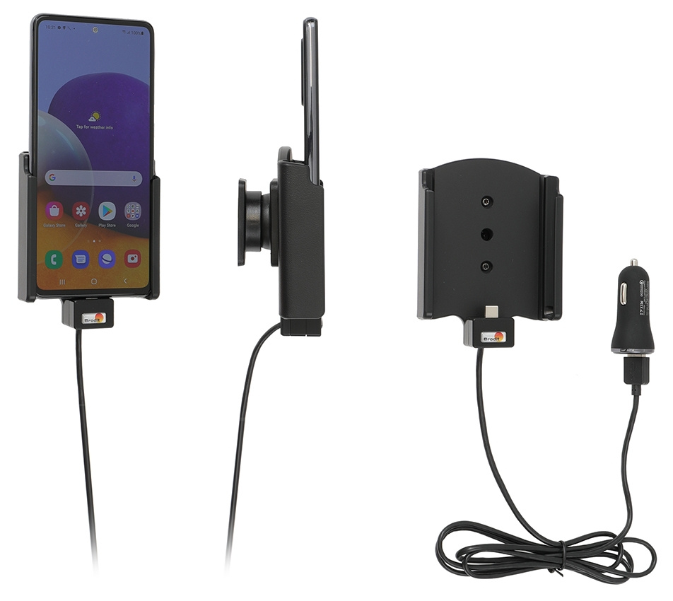 Brodit Aktiv-teline USB-kaapelilla ja tupakansytyttimen adapterilla, Samsung Galaxy A72 SM-A725F/DS 