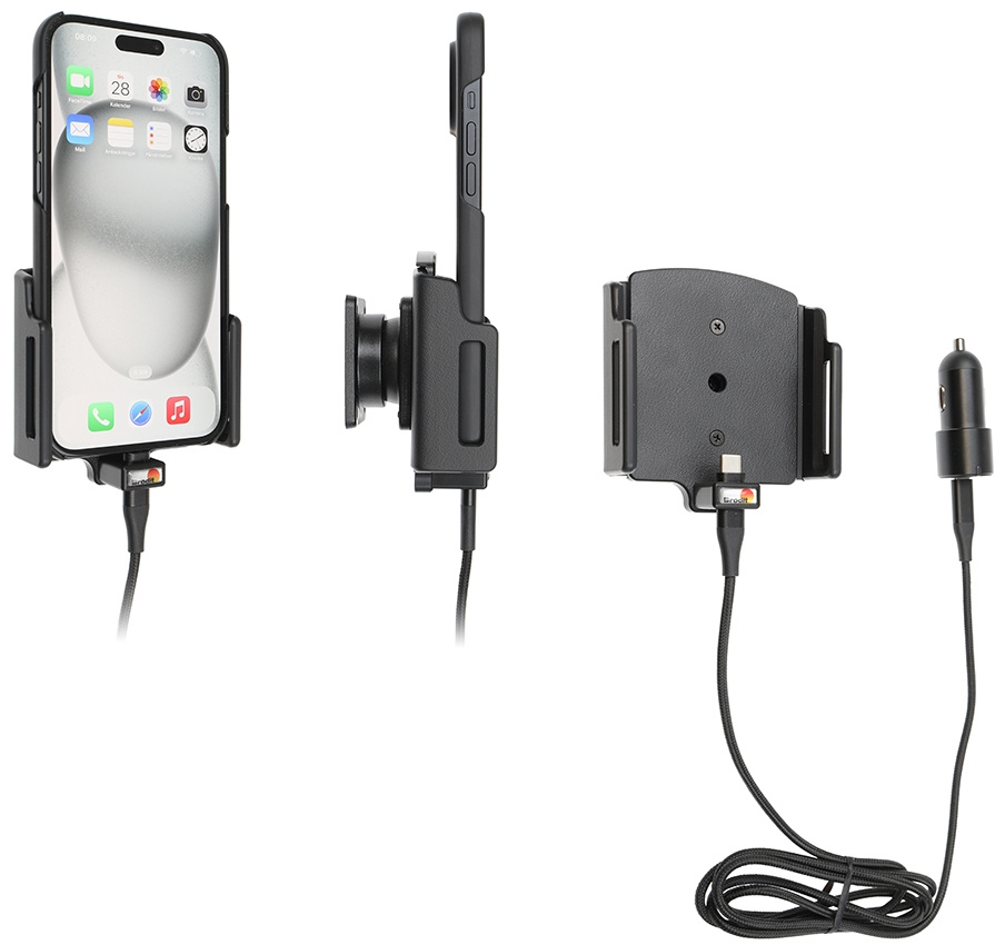 Brodit aktiivinen pidike USB-kaapelilla ja tupakansytyttimen adapterilla, Apple iPhone 15 Plus/15 Pro Max/16 Plus/16 Pro Max