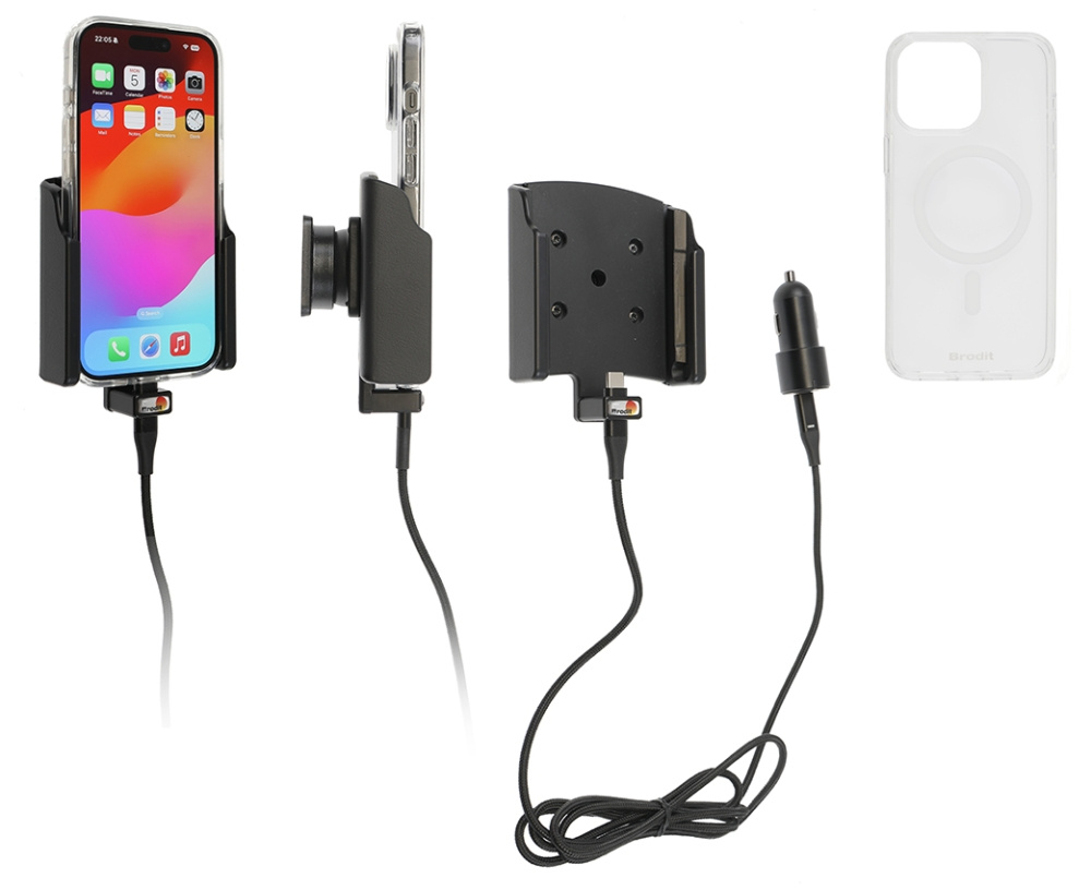 Brodit mobiilikuori aktiivipidikkeellä ja autolaturilla, Apple iPhone 15 Pro 