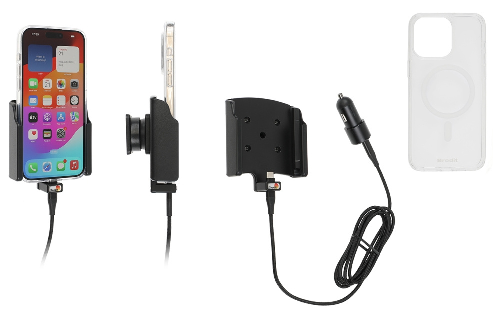 Brodit Mobiliskal aktivt pidikkeellä ja autolaturilla, Apple iPhone 15 Pro Max 