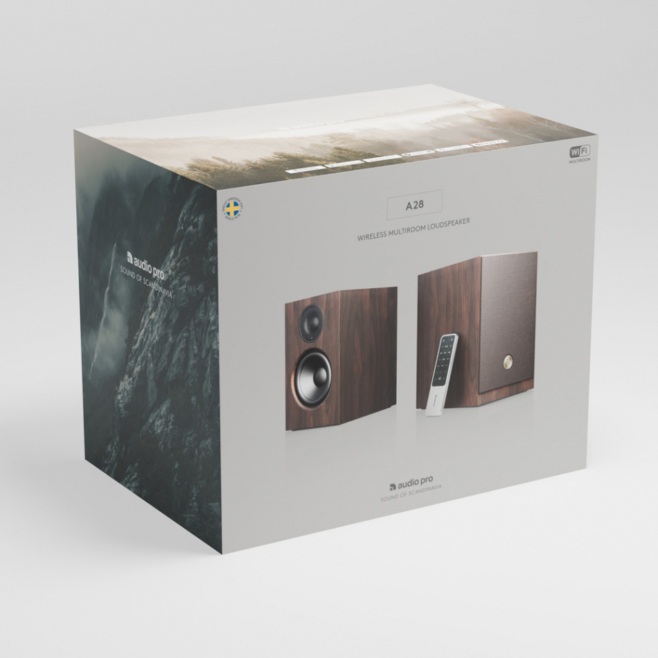 Audio Pro A28 jalustakaiuttimet wifi:llä, pähkinäpari
