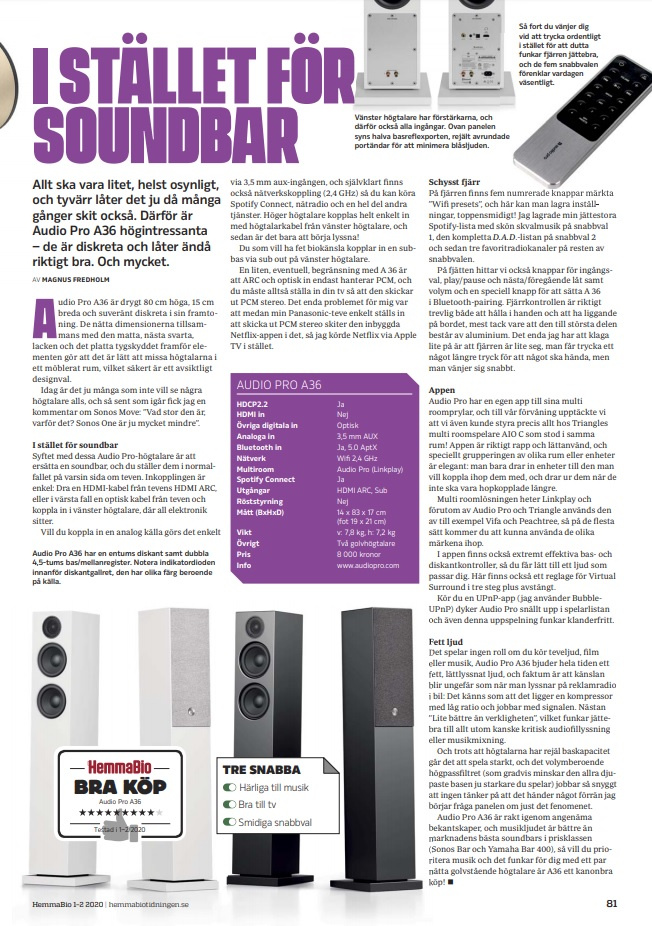 Audio Pro A36 golvhögtalare med Wifi & BT, vitt par