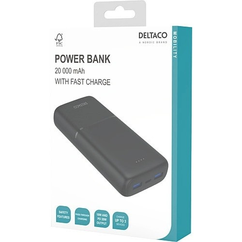 Deltaco PB-C1008 varavirtalähde 20 000 mAh, 20 W PD, musta