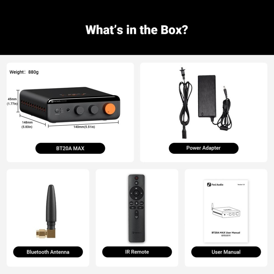 Fosi Audio BT20A MAX stereovahvistin Bluetoothilla & 48V virtalähteellä