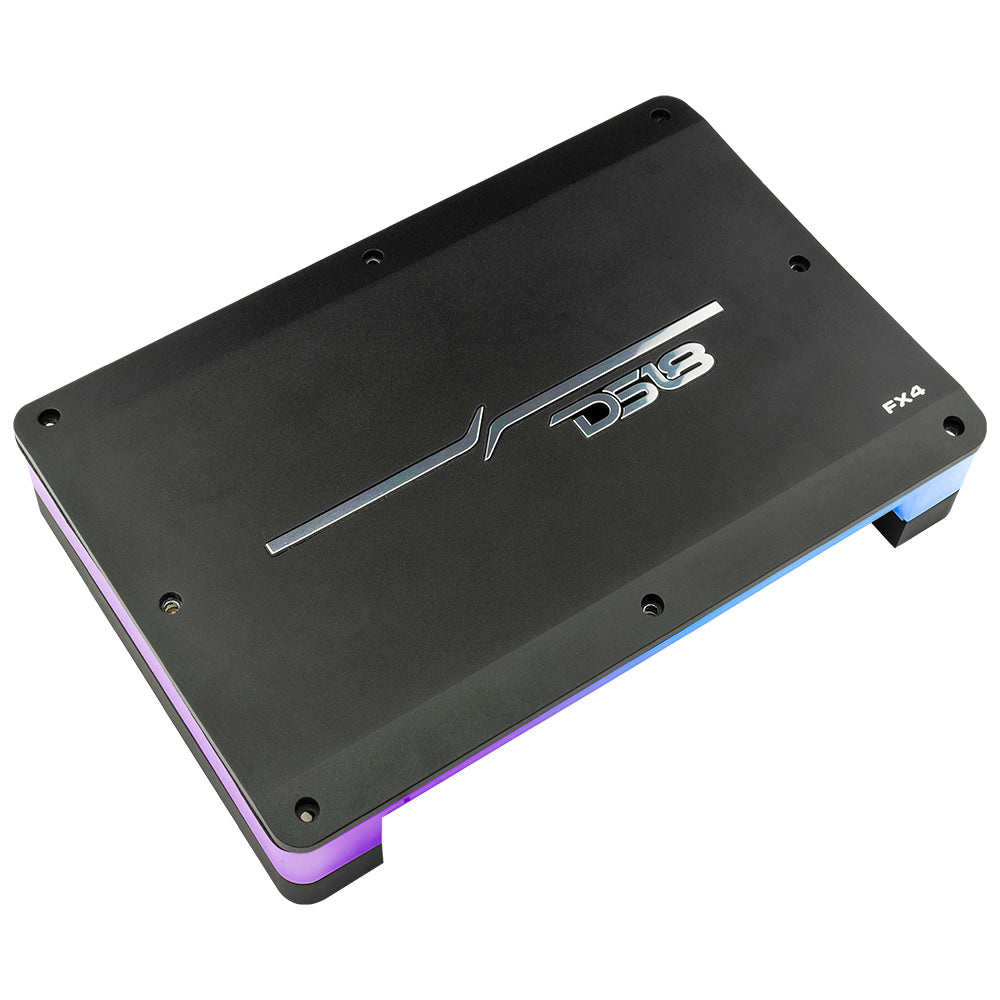 DS18 FX4, 4-kanavainen vahvistin LED-valoilla ja useilla asennusmahdollisuuksilla