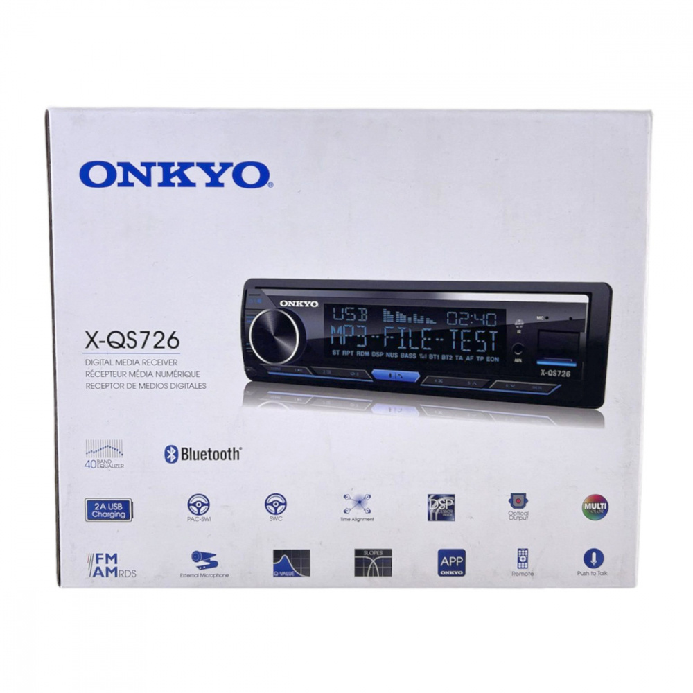Onkyo X-QS726, Bluetooth-autostereo, jossa 3 paria matalatasoisia (4V) ja sisäänrakennettu DSP