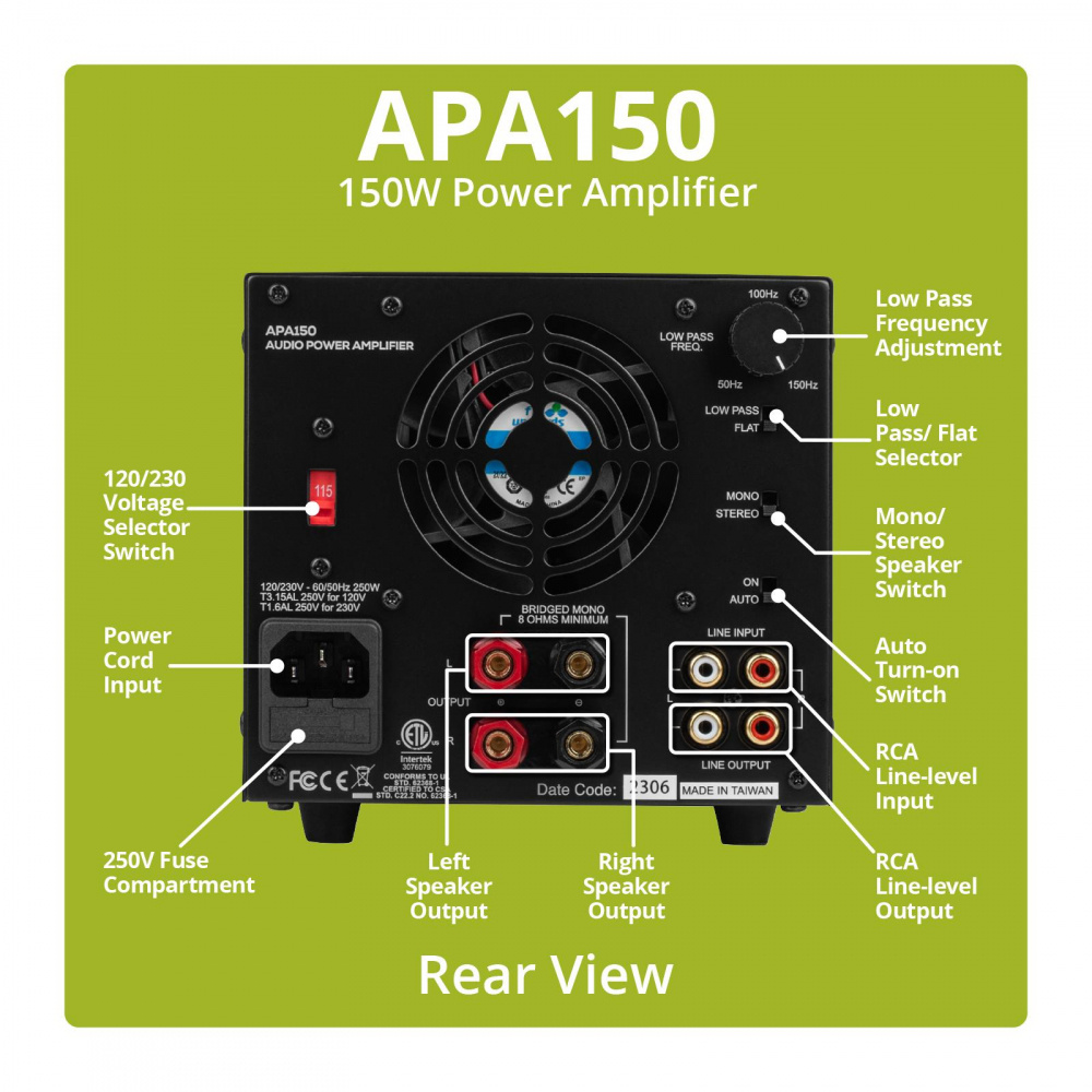Dayton Audio APA150, siltoitettava stereovahvistin 2x75W