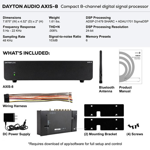 Dayton Audio Axis-8, 8-kanavainen DSP-/ääniprosessori autoon ja kotiin