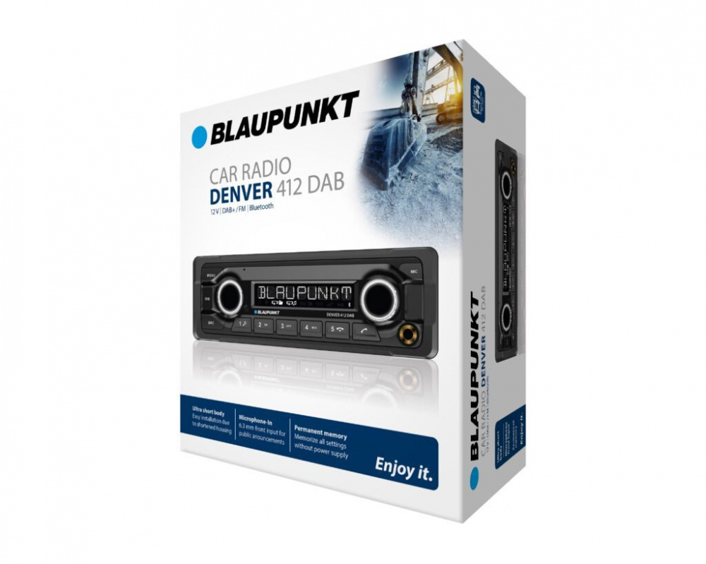 Blaupunkt Denver 412 DAB, kestävä stereo DAB-radiolla ja 3 paria linjatason ulostuloja