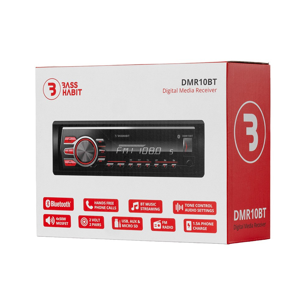 Bass Habit DMR10BT, autostereo Bluetoothilla, AUX, USB ja 2 paria matalatasoa