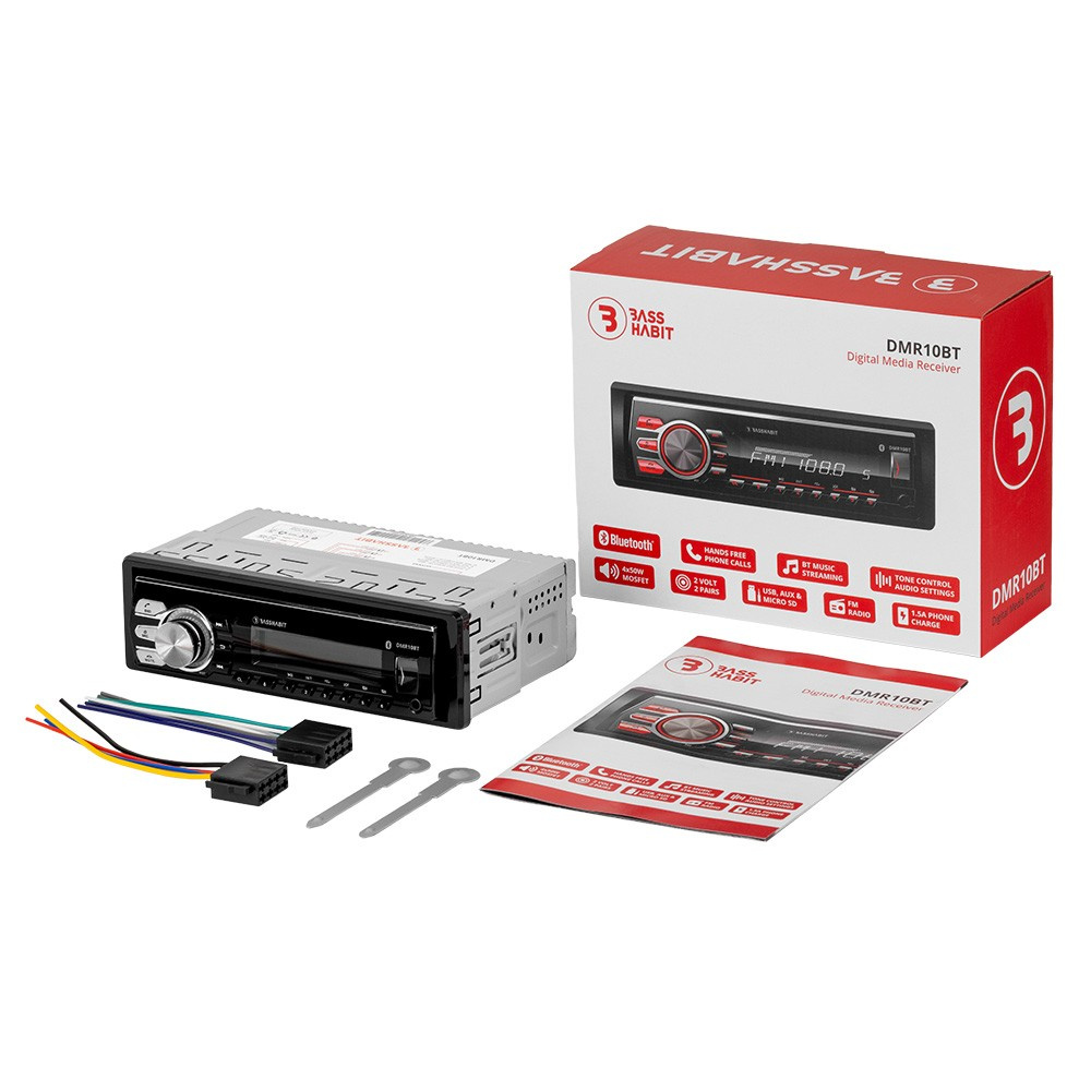 Bass Habit DMR10BT, autostereo Bluetoothilla, AUX, USB ja 2 paria matalatasoa