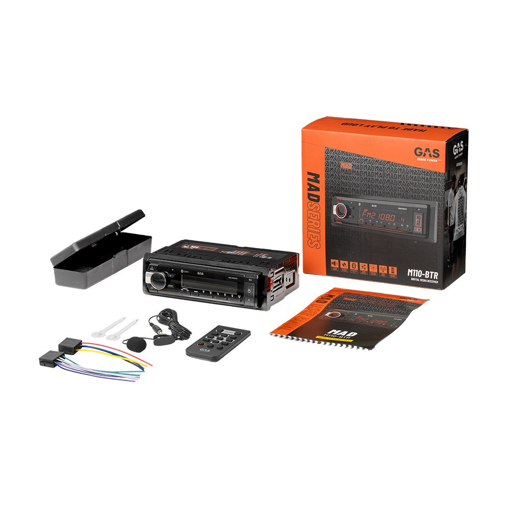 GAS MAD M110-BTR, autostereo, jossa on Bluetooth 5.3, AUX, USB-C & 2 paria alhaisen tason