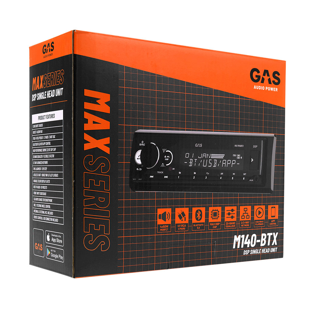 GAS MAX M140-BTX auton stereo Bluetoothilla, 32-bittinen DSP ja 3 paria (4V) matalan tason lähtöjä