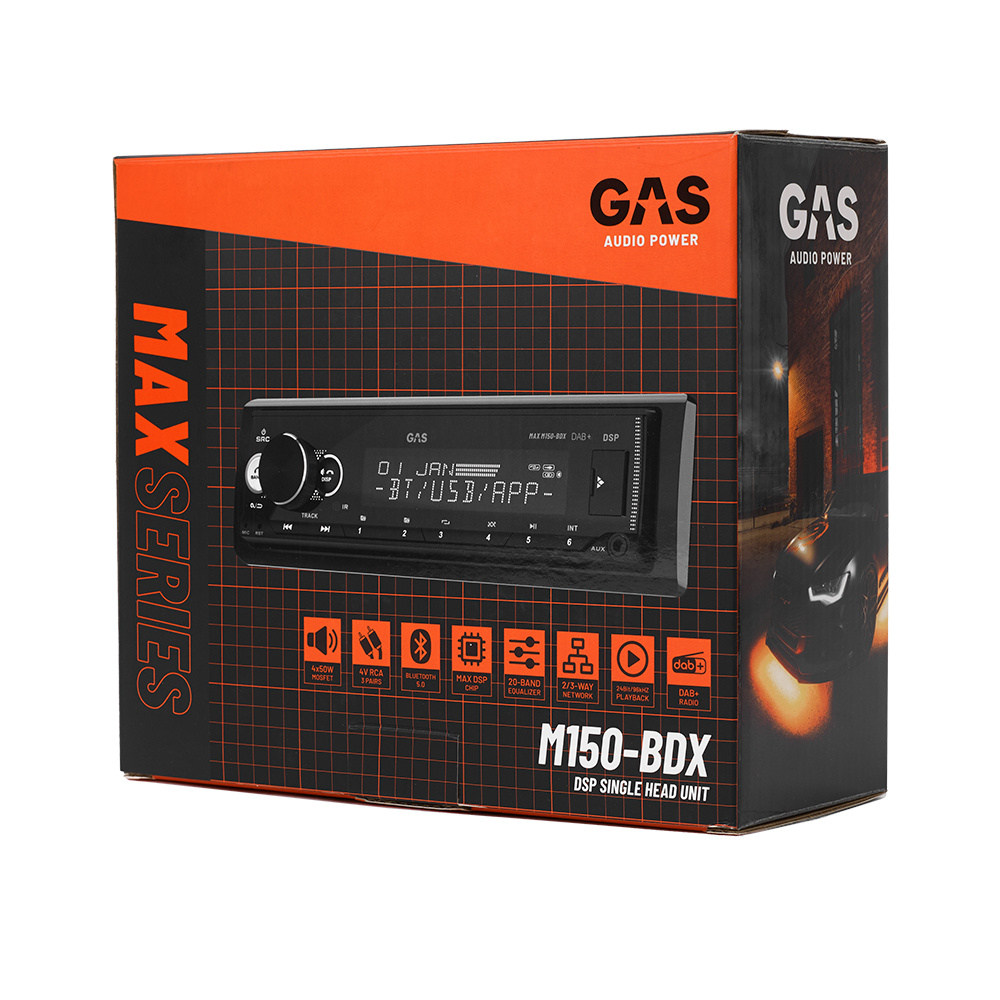 GAS MAX M150-BDX auton stereo Bluetoothilla, DAB:lla, 32-bittisellä DSP:llä ja 3 parilla (4V) matalan tason