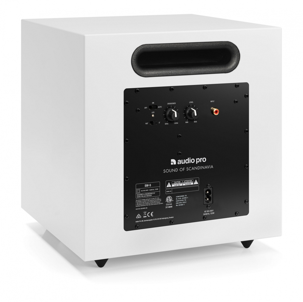 Audio Pro A28 W valkoisena SW-5:n kanssa, aktiivinen 2.1 kaiutinpaketti