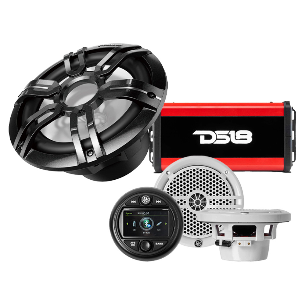 Merenkulun paketti, jossa meristereo, basso, pääteaste ja kaiuttimet