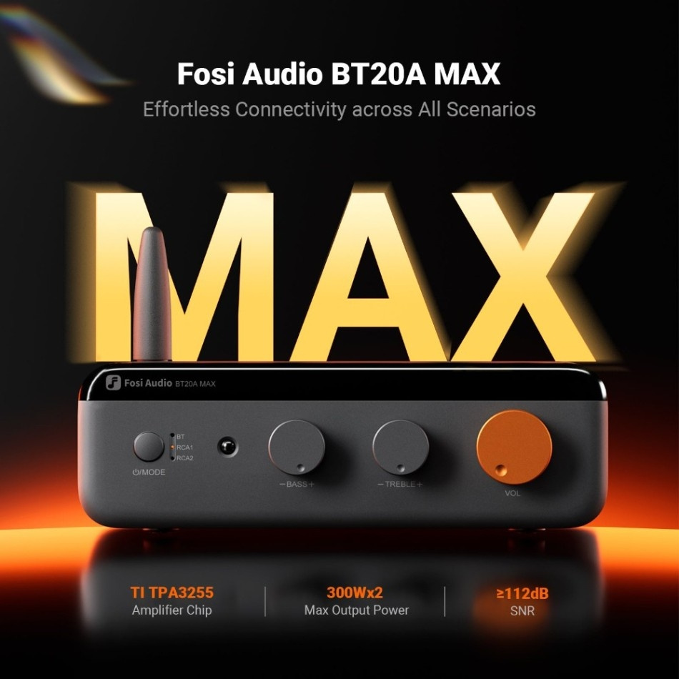 4-pack Yamaha NS-AW392 valkoisena Fosi Audio BT20A Maxin ja kaiutinkytkimen kanssa, ulkopaketti