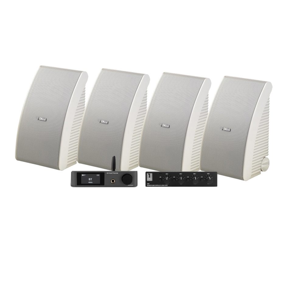 4-pack Yamaha NS-AW592 valkoisena Dynavoice CA802BT:n ja SC4B:n kanssa, ulkopaketti