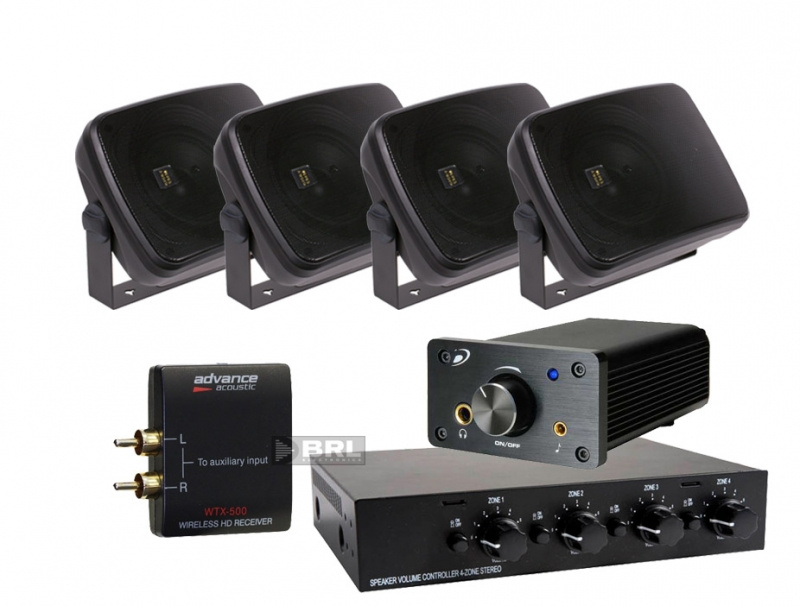 Veres lådhögtalare, högtalarväxel & Dayton Audio förstärkare + Advance Acoustics WTX alt. Airport express