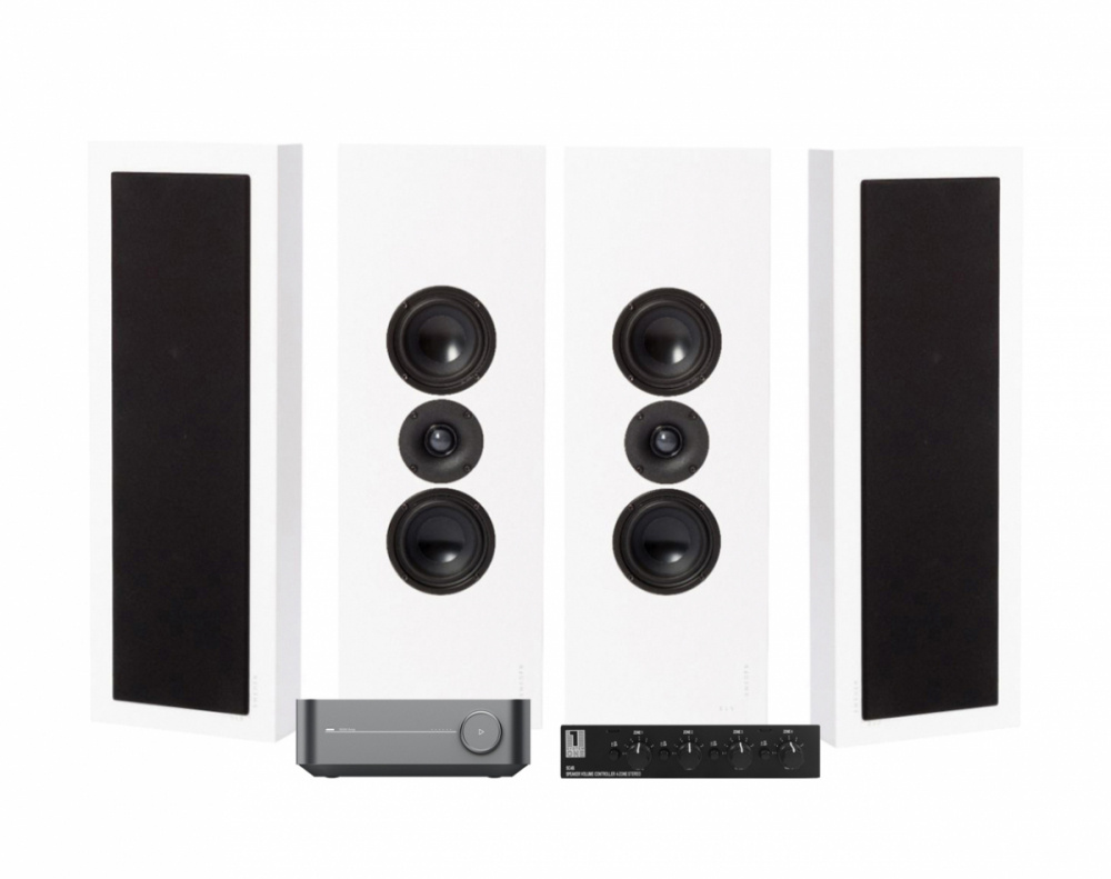 WiiM Amp, SC4B & 2 paria matta valkoinen DLS Flatbox XL