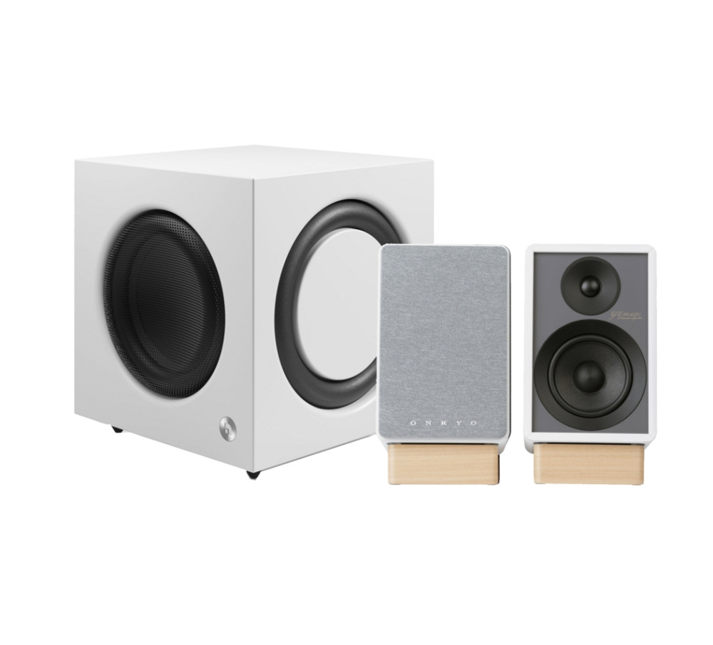 Onkyo GX-30ARC ja Audio Pro SW-10, aktiivinen 2.1 stereopaketti valkoisena