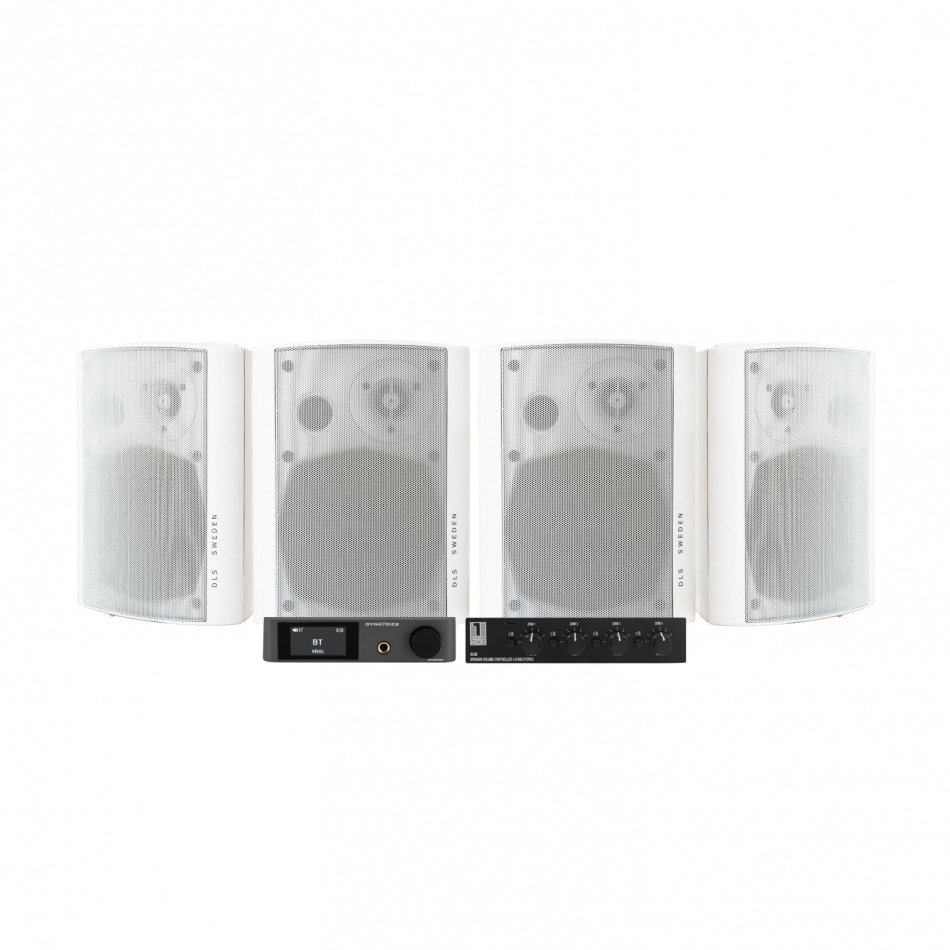 Dynavoice CA802BT SC4B:llä & 2 paria DLS MB5i ulkokaiuttimia, valkoinen