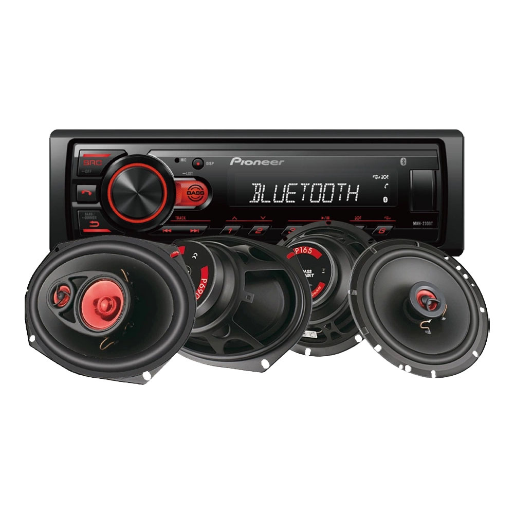 Pioneer MVH-230BT & Bass Habit PLAY-kaiuttimet, autostereopaketti