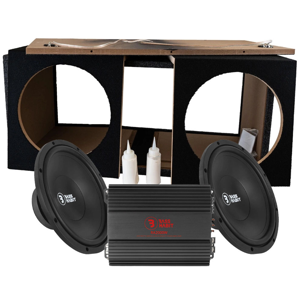 2-pack Bass Habit PL300 laatikossa RA2000W:n kanssa, bassopaketti rakennussarjana