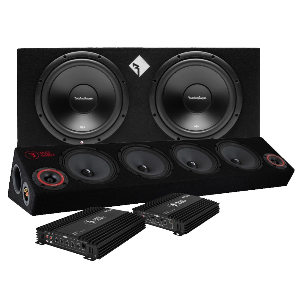 Rockford Fosgate R2-2X12 baspaketti & Play SPL64 raggarplanka vahvistimella